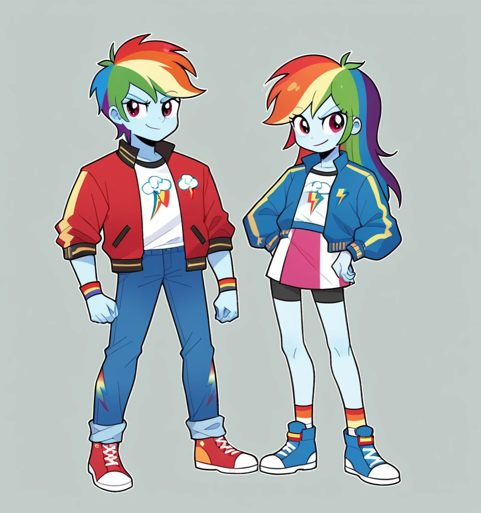 ((High Quality)) (( Perfect Cartoon Autonomy)) Masterpiece, Kai And Rainbow Dash, 1 girl and 1 boy only, Kai has white skin and brown spiky 
Hair and is wearing a white t-shirt with a red jacket and blue jeans While Rainbow Dash is wearing a white t-shirt with a blue Jean jacket and skirt, Kai Lego ninjago, Rainbow Dash Equestria Girls, full bodies, Standing, in the hallways of High School, Kai and Rainbow Dash, cuerpo completo, high resolusion