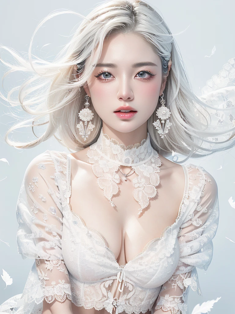 White Background、Professional Lighting、(((Professional Lighting 1.5)))、Translucent skin texture、Beautiful Skin、Beautiful Skin、、(((Whitening 1.5)))、White bra、See-through、、音符のEcstasy、((Naked and wearing white lace fabric 1.5))、See-through1.5、Bust up photo、Simple earrings and necklace、((white hair))、Tie your hair up、sex appeal、Sex Appeal、Ecstasy、(((Fabric and hair fluttering in the wind)))、