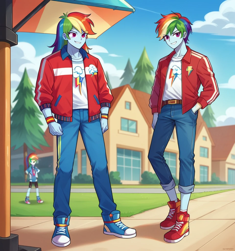 ((High Quality)) (( Perfect Cartoon Autonomy)) Masterpiece, Kai And Rainbow Dash, 1 girl and 1 boy only, Kai has white skin and brown spiky
Hair and is wearing a white t-shirt with a red jacket and blue jeans While Rainbow Dash is wearing a white t-shirt with a blue Jean jacket and skirt, Kai Lego ninjago, Rainbow Dash Equestria Girls, full bodies, Standing, in the hallways of High School, Kai and Rainbow Dash, cuerpo completo, high resolusion