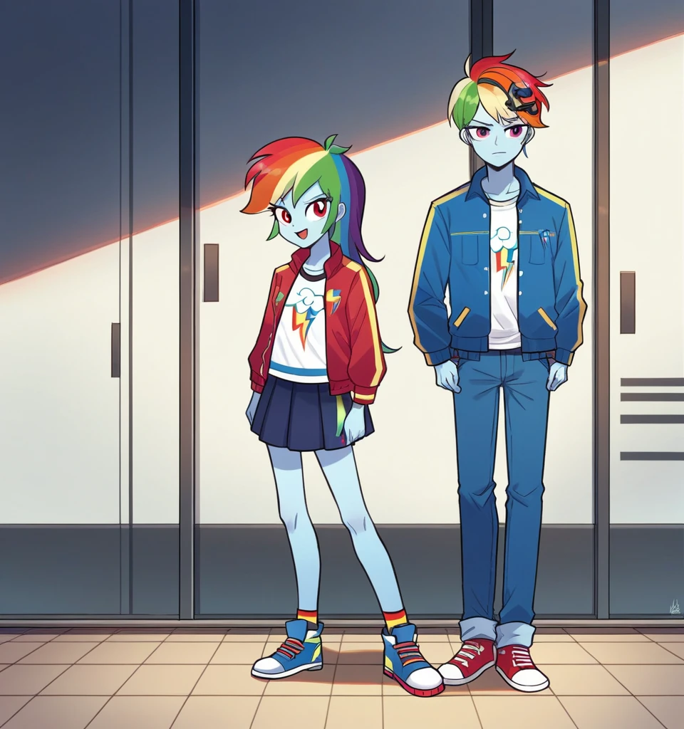 ((High Quality)) (( Perfect Cartoon Autonomy)) Masterpiece, Kai And Rainbow Dash, 1 girl and 1 boy only, Kai has white skin and brown spiky
Hair and is wearing a white t-shirt with a red jacket and blue jeans While Rainbow Dash is wearing a white t-shirt with a blue Jean jacket and skirt, Kai Lego ninjago, Rainbow Dash Equestria Girls, full bodies, Standing, in the hallways of High School, Kai and Rainbow Dash, cuerpo completo, high resolusion