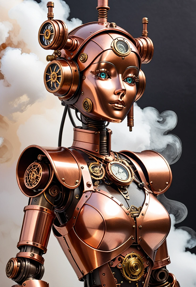 A steam punk style copper robot with a human like bronze face. female figure.