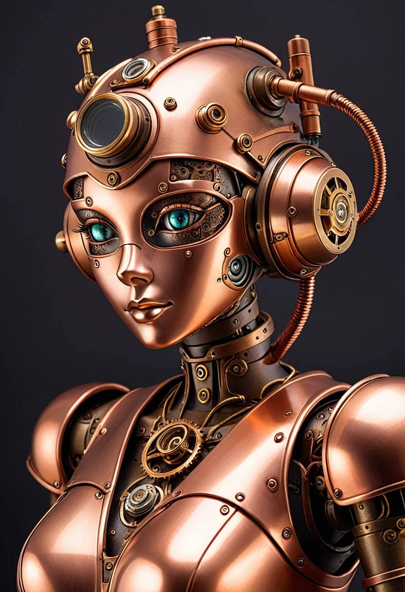 A steam punk style copper robot with a human like bronze face. female figure.
