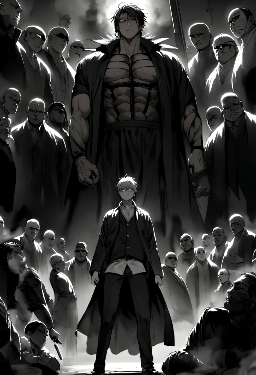a thrilling story of transformation and revenge. The cover features a frightened -yeld boamed Michael, wearing a , sit in a dark night, clearly injured. In his right side standing a powerful, muscular handsome young man named Ambrose, dressed in black with a hidden pistol, standing confidently next to a black car at night. convey the dramatic shift from being bullied to gaining strength and the potential for revenge, with elements of suspense, danger, and mystery. behind them, too many gangsters"