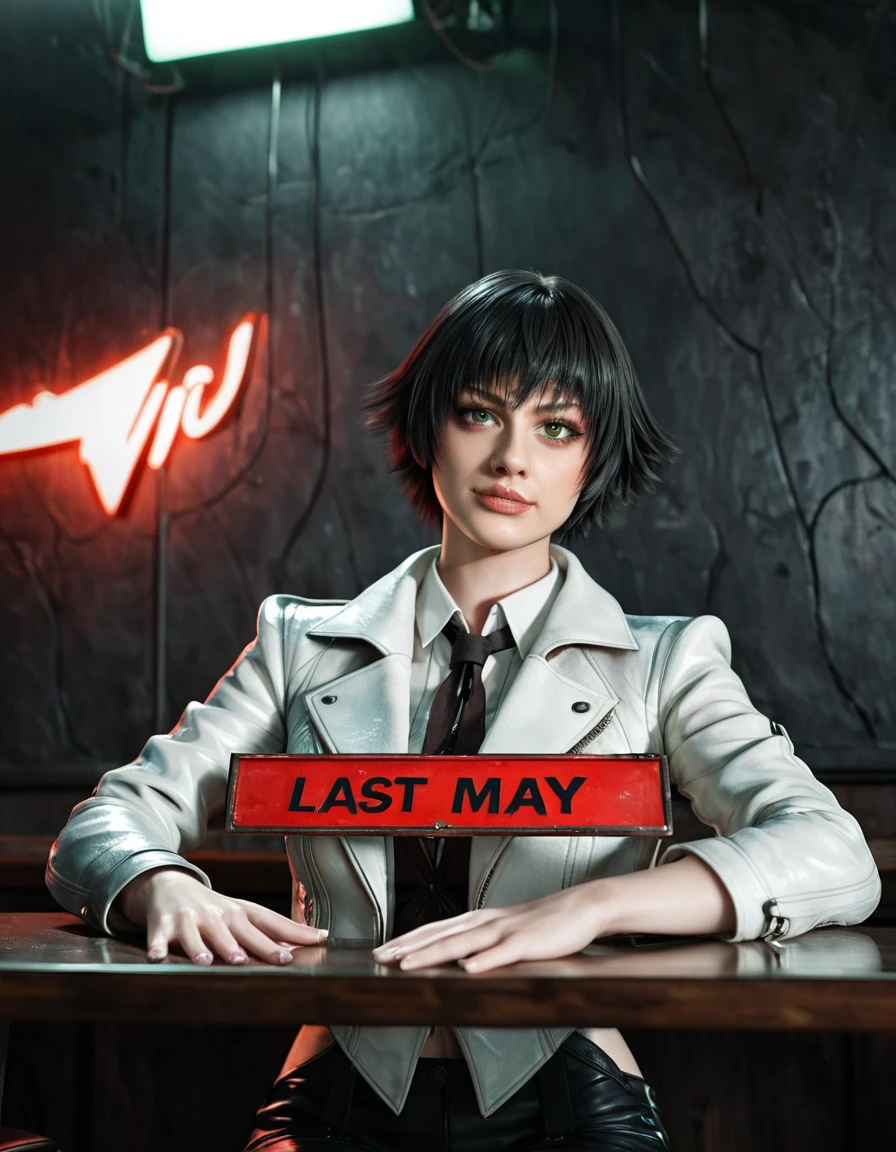 (best quality:1.2), lady (from devil may cry 5:1.1), perfect face, white jacket, black pants, green eyes, sit upside the table, in a dark agency background, devil may cry red sign , night, alone, dark wall
