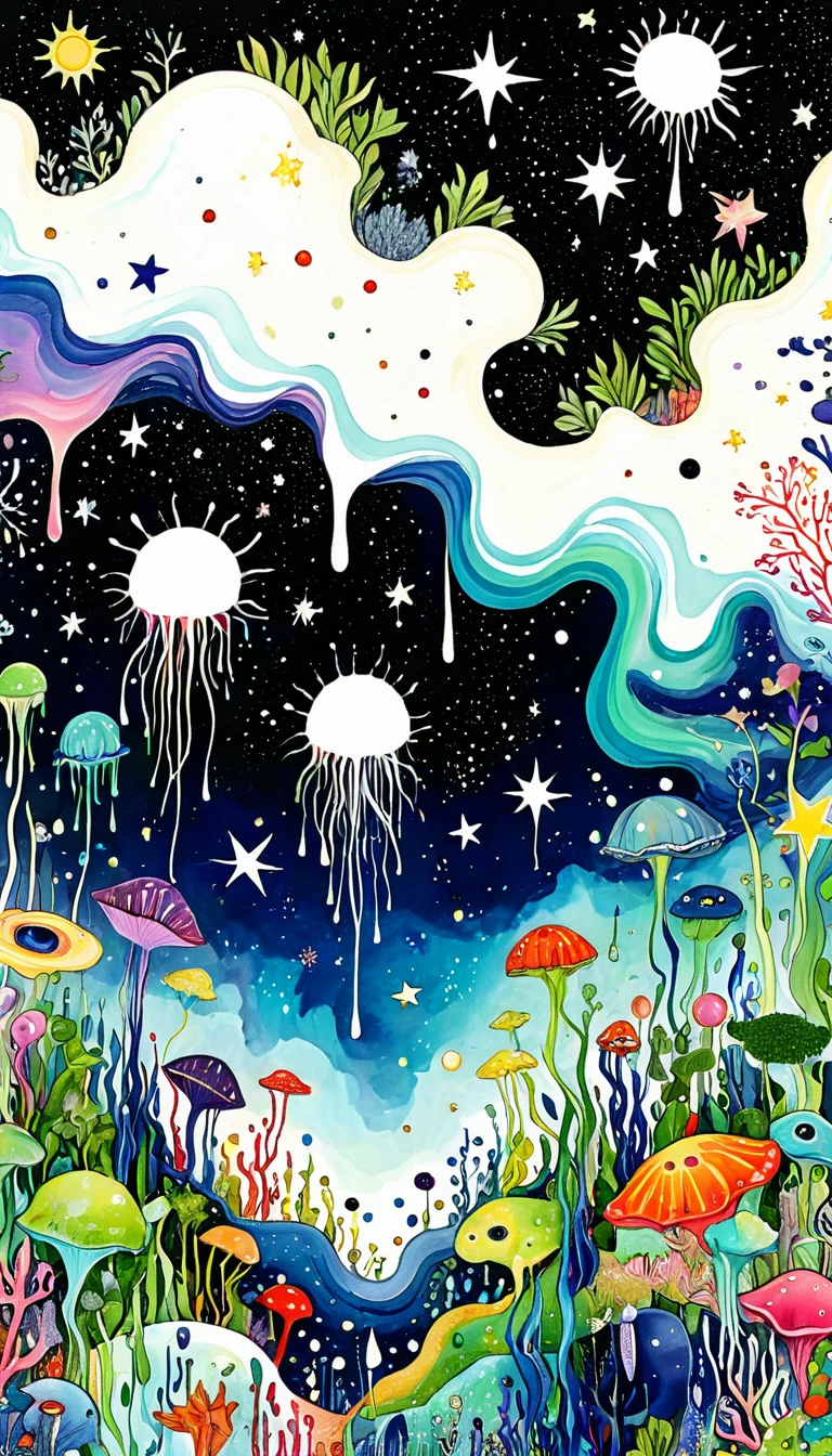 microorganism、plant、Marine life、1Stars dripping from my eyes、Starry Sky，Stitched into an abstract painting，Describing the inner world of autistic people，Sense of space，White Space，Childish lines，Psychedelic Art
