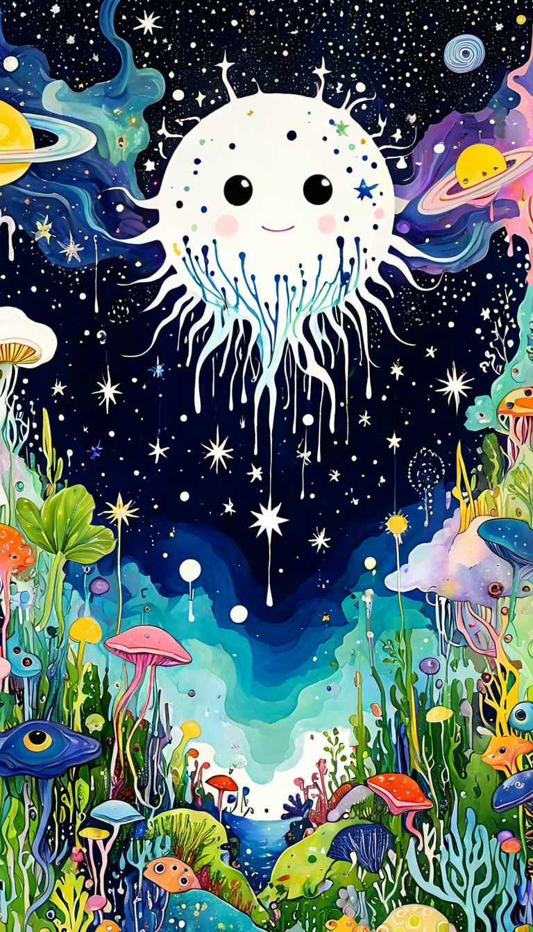 microorganism、plant、Marine life、1Stars dripping from my eyes、Starry Sky,Stitched into an abstract painting,Describing the inner world of autistic people,Sense of space,White Space,Childish lines,Psychedelic Art