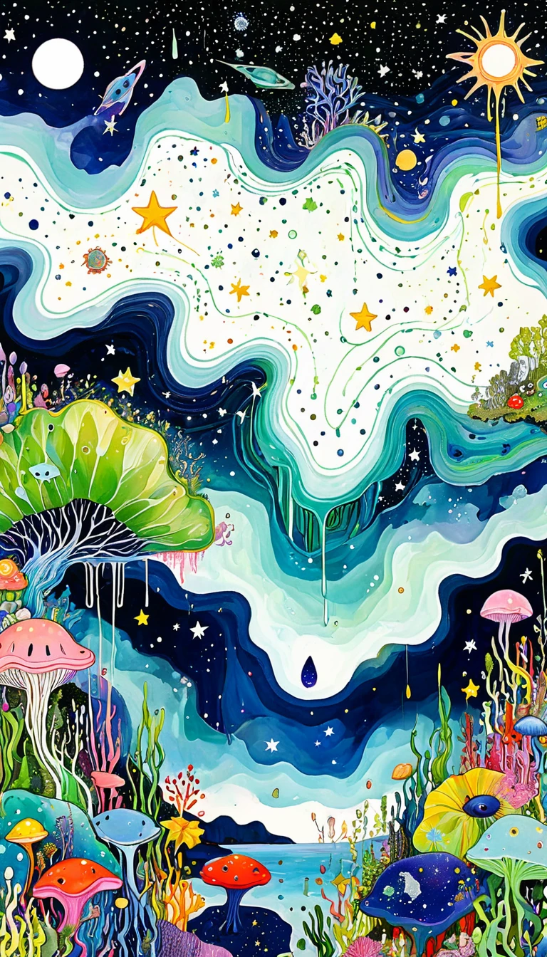 microorganism、plant、Marine life、1Stars dripping from my eyes、Starry Sky,Stitched into an abstract painting,Describing the inner world of autistic people,Sense of space,White Space,Childish lines,Psychedelic Art