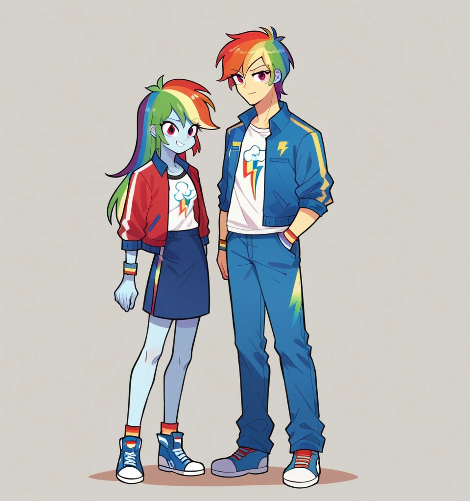 ((High Quality)) (( Perfect Cartoon Autonomy)) Masterpiece, Kai And Rainbow Dash, 1 girl and 1 boy only, Kai has white skin and brown spiky
Hair and is wearing a white t-shirt with a red jacket and blue jeans While Rainbow Dash is wearing a white t-shirt with a blue Jean jacket and skirt, Kai Lego ninjago, Rainbow Dash Equestria Girls, full bodies, Standing, in the hallways of High School, Kai and Rainbow Dash, cuerpo completo, high resolusion