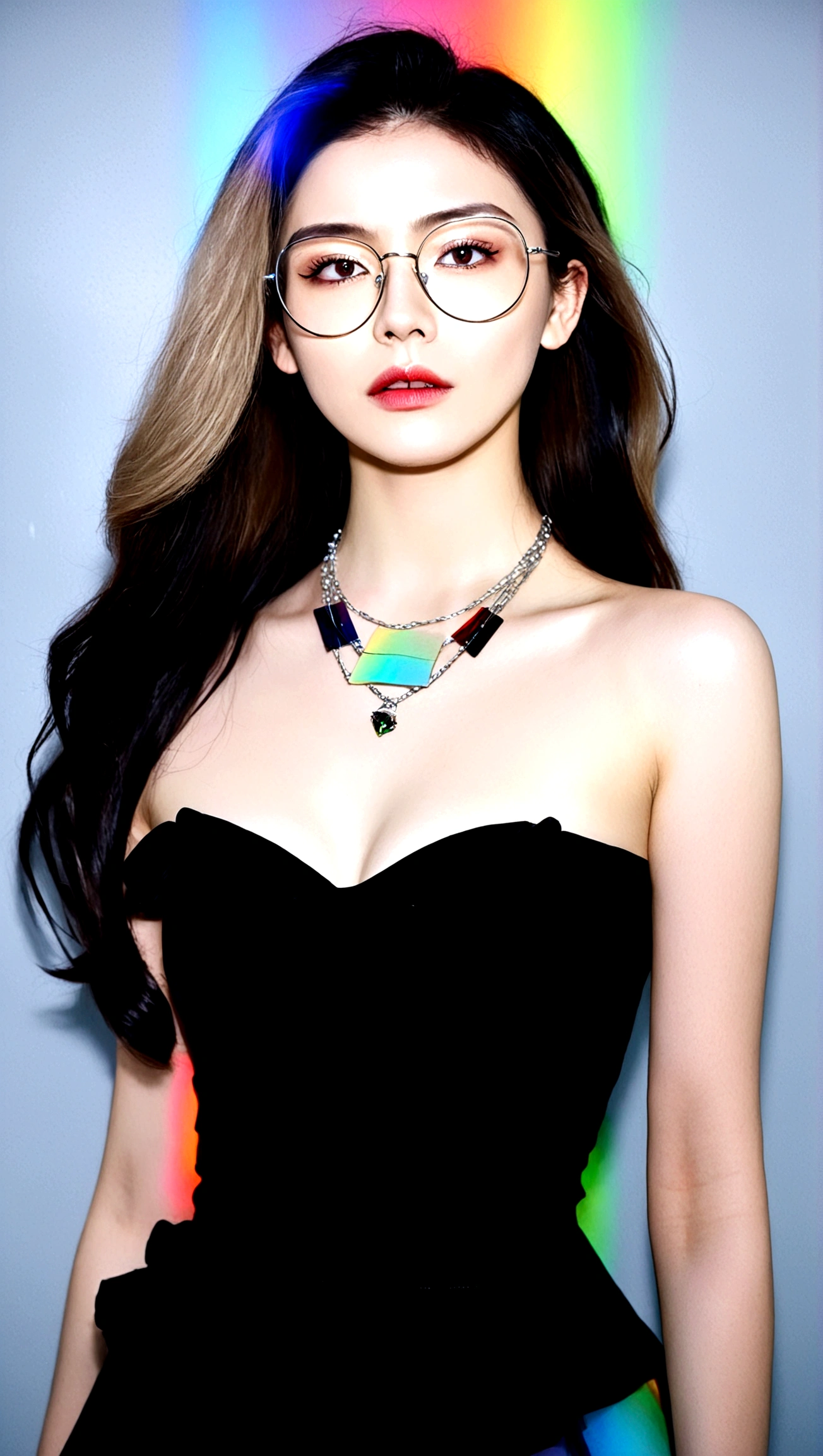 1girl, solo, long hair, black hair, dress, bare shoulders, jewelry, multicolored hair, glasses, necklace, black dress, lips, strapless, makeup, strapless dress