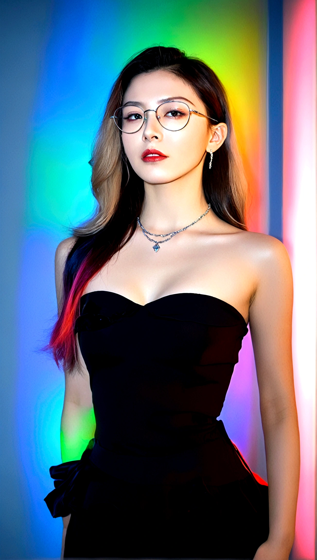 1girl, solo, long hair, black hair, dress, bare shoulders, jewelry, multicolored hair, glasses, necklace, black dress, lips, strapless, makeup, strapless dress