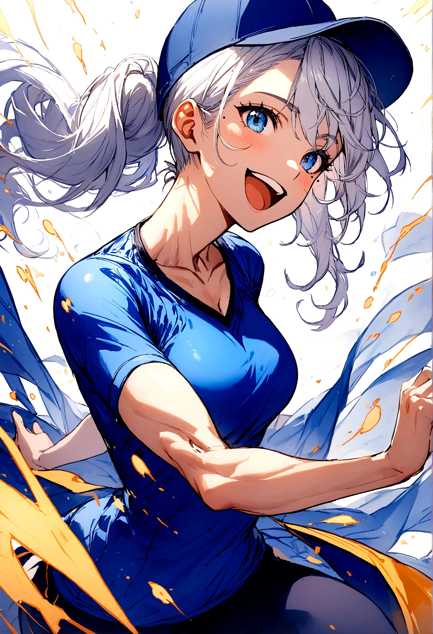 Girl, white hair, blue eyes, ponytail the flares out, hat, mole next to left eye, mole next to right eye, blue sports shirt, happy and energetic, toned body