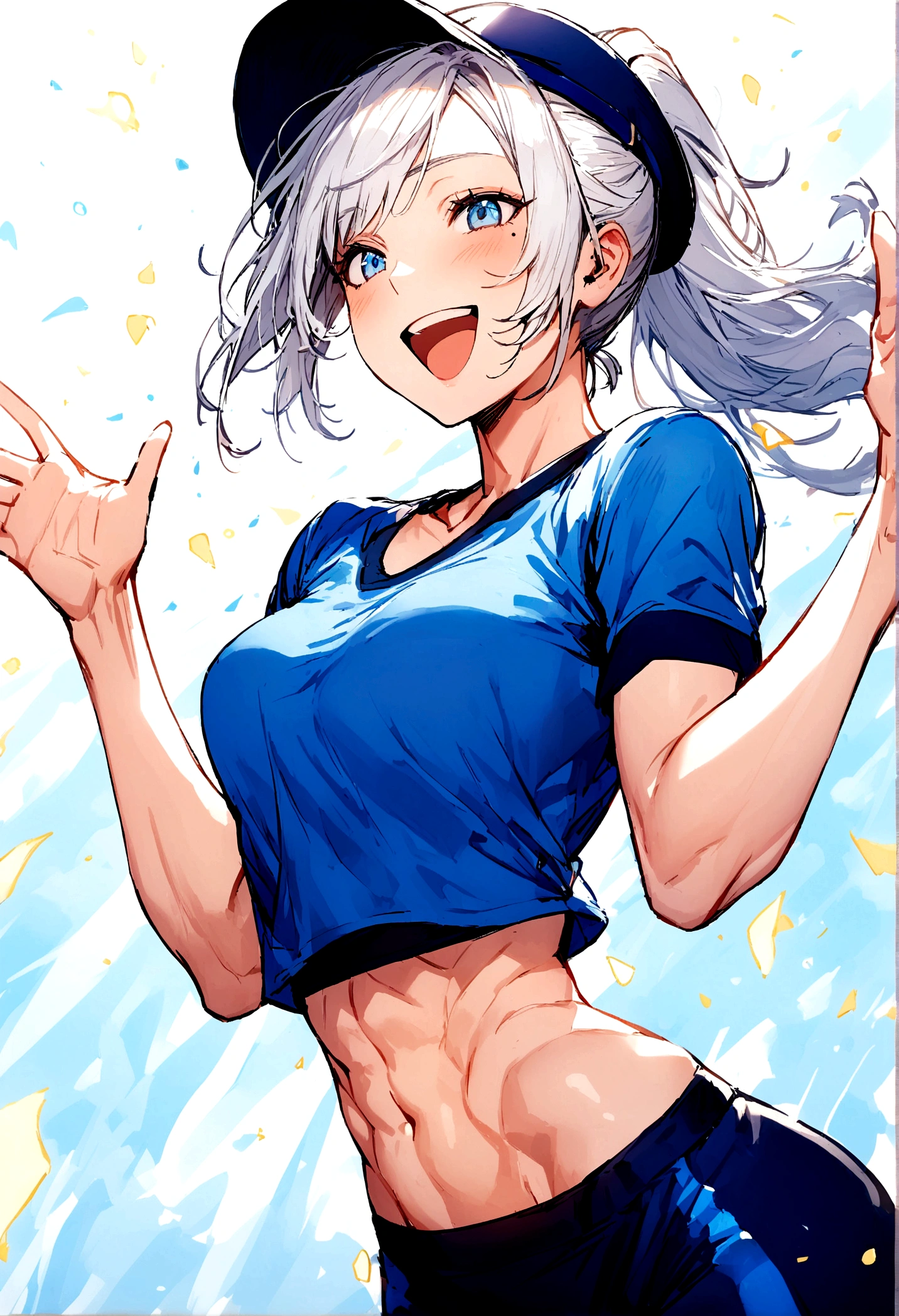 Girl, white hair, blue eyes, ponytail the flares out, hat, mole next to left eye, mole next to right eye, blue sports shirt, happy and energetic, toned body