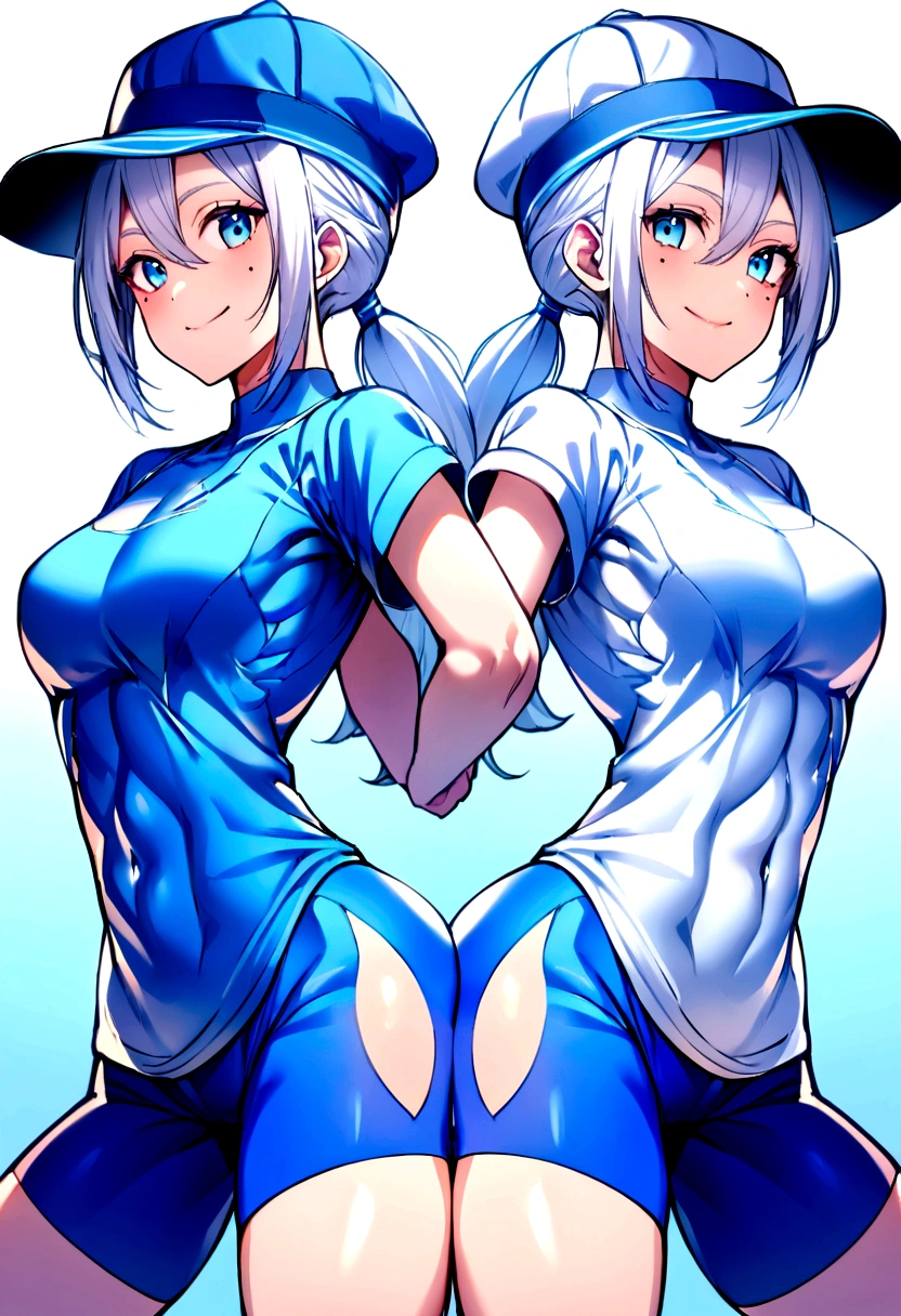 Girl, white hair, blue eyes, ponytail the flares out, hat, mole next to left eye, mole next to right eye, blue sports shirt, happy and energetic, toned body