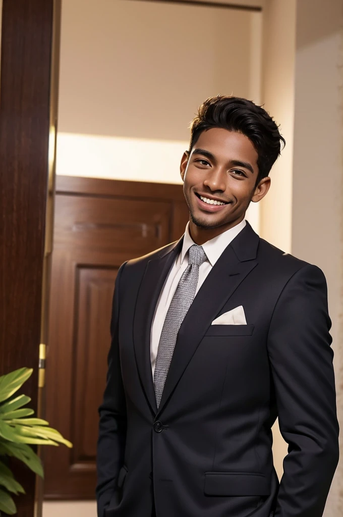 creates the image of a 28 year old man, smiling man dressed in a suit without a tie only from the waist up , dark-skinned, apparent smile with the physiognomy of a Brazilian