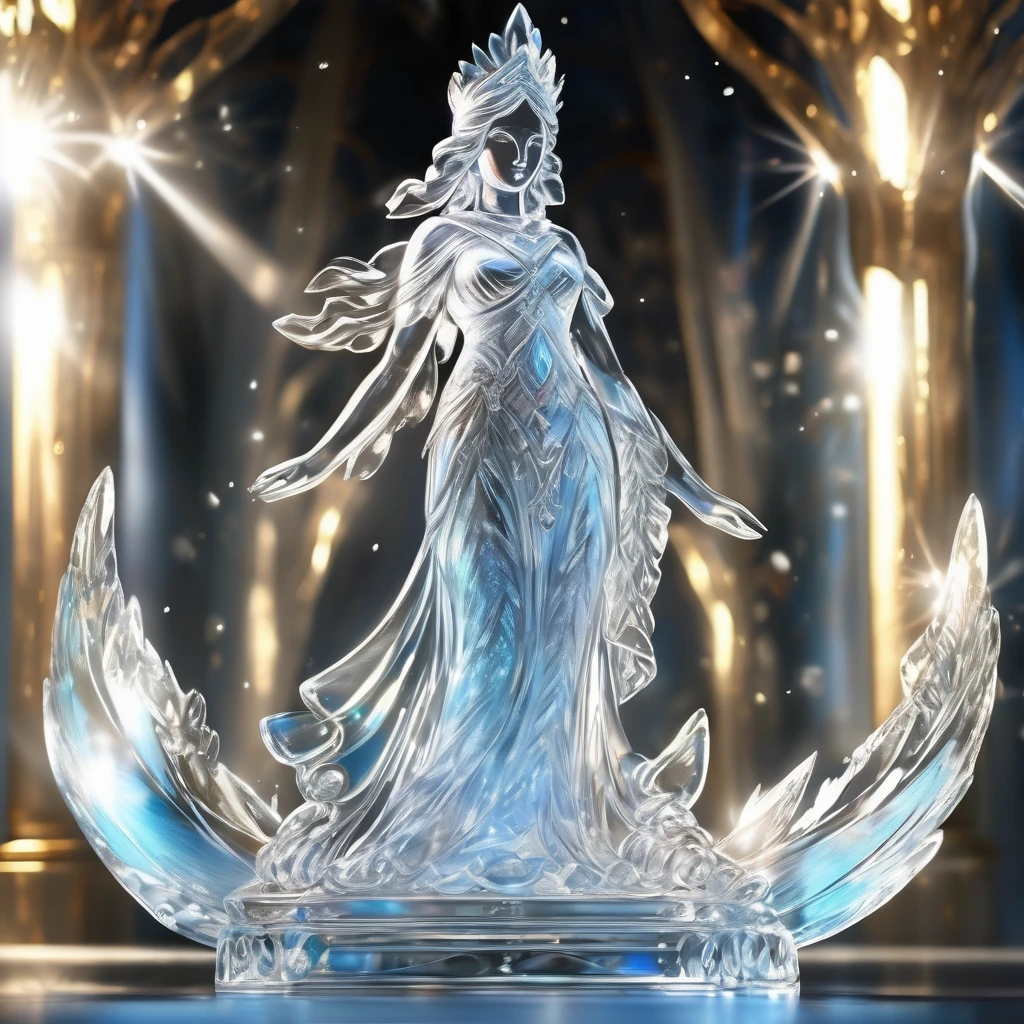 Ice statue,A very beautiful ice statue of a goddess, Transparent ice,illuminated by sunlight and reflected divinely,(((masterpiece))), (((best quality))), ((ultra-detailed)), (illustration), (detailed light),((an extremely delicate and beautiful)),