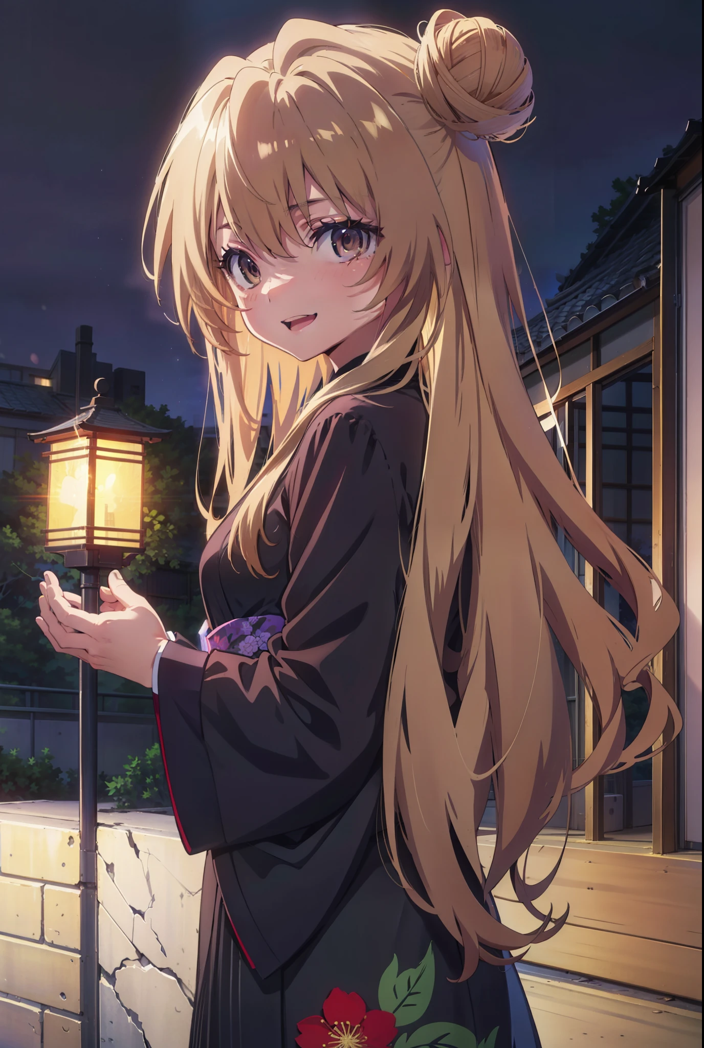 taiga aisaka, taiga aisaka, Long Hair, Brown Hair, Brown eyes,happy smile, smile, Open your mouth,Squint your eyes,Hair Bun, single  Hair Bun,Black kimono,Thick sleeves,日本のfestival,夏festivalの屋台,Red lantern,night,night空の花火,Fireworks,The place is a fireworks display,時間はnightです,sunny day,turn around,As if your whole body is in the illustration,Walking,　　　　　　　　　　　　　　　  　　　　　break looking at viewer, Upper Body, (Cowboy Shot:1. 5),  　　　　　
break outdoors, festival,shrine,
break (masterpiece:1.2), Highest quality, High resolution, unity 8k wallpaper, (shape:0.8), (Beautiful attention to detail:1.6), Highly detailed face, Perfect lighting, Highly detailed CG, (Perfect hands, Perfect Anatomy),