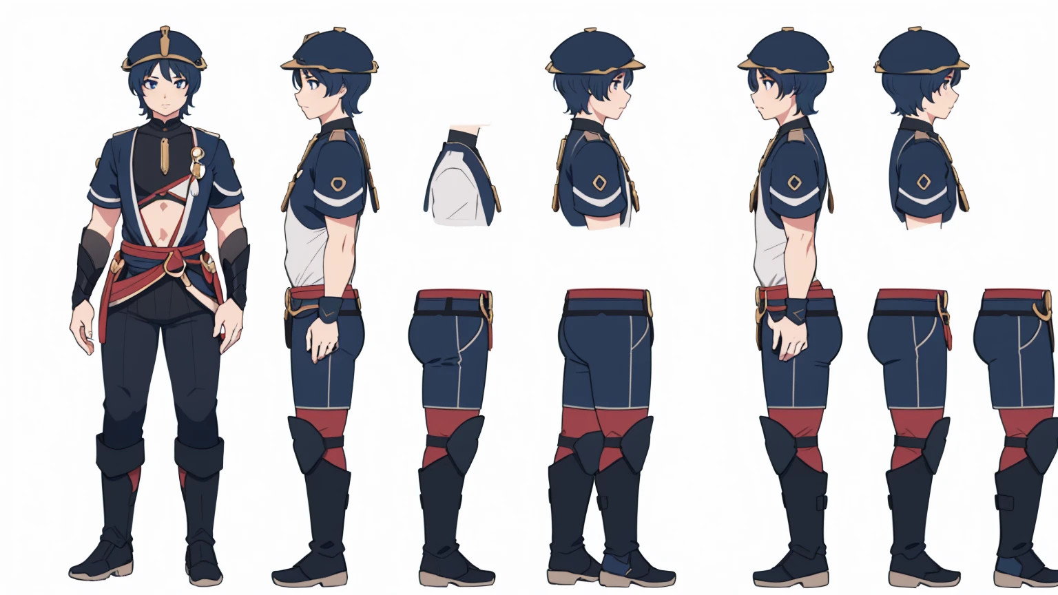 Thin, fit, 1boy, solo, male focus, looking at viewer, upper body,  hair, realistic, hat, (character design sheet, same character full body, front, side, back), Illustration, environment change, pose (simple background, white background: 1.3) ,--6