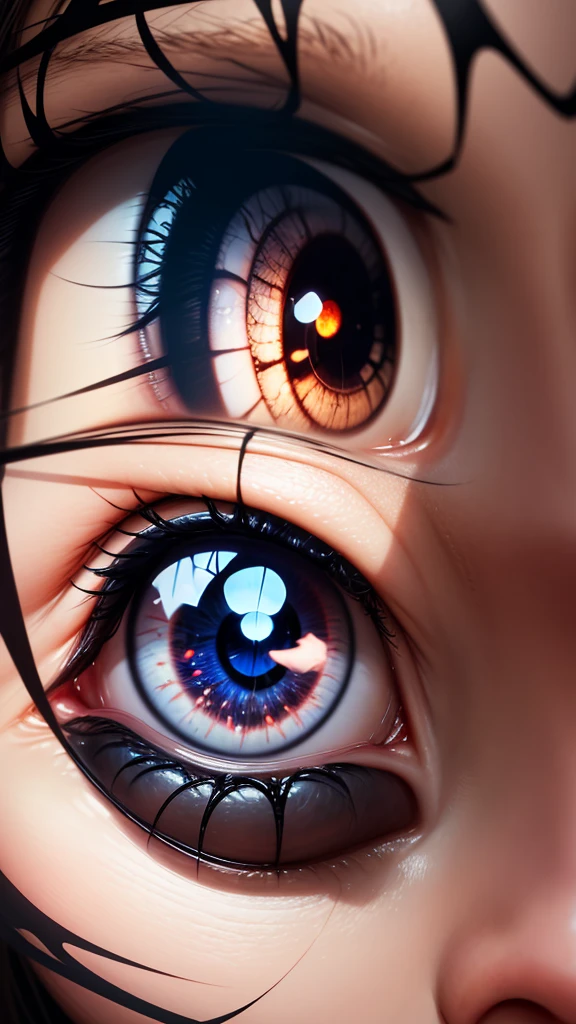 Close-up of a person's terrified face, their eyes wide with fear, reflected in their glasses is the silhouette of an enormous, otherworldly creature