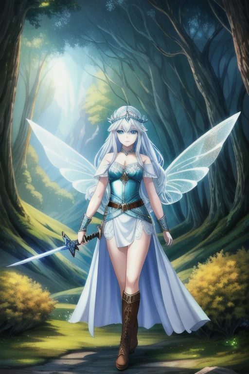 (best quality:1.3), (4K quality),masterpiece, best quality, high res, detailed, (Detailed face:1.2), (Detailed eyes:1.2), (Perfect figure:1.2), Fantasy style, Fantasy environment, solo, 1girl, fairy, wings, pale blue skin, long white hair, blue eyes, confident smile, silver headpiece, long green dress, leather belt, brown leather gloves, brown leather boots, holding a sword, landscape of a beautiful forest
