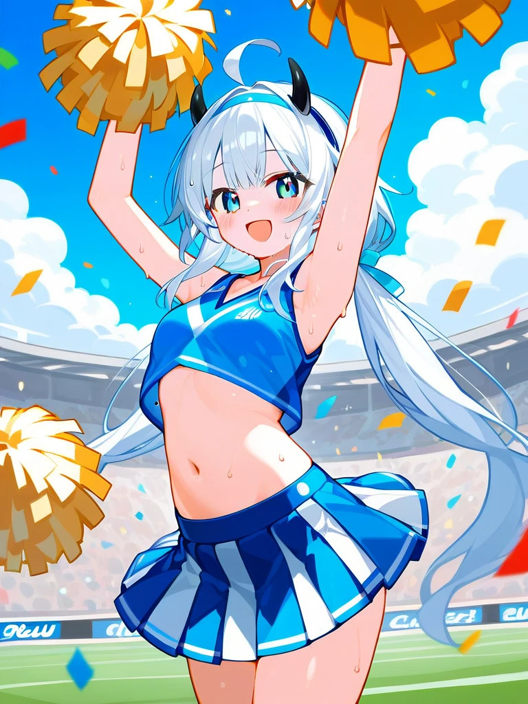 Super detailed,(Highest quality),((masterpiece)),(High resolution),original,very,Nirou,One girl,skirt,Pom-pom (cheer leading),alone,chest,belly button,Underarm,Cheerleader,Stomach,smile,Raise your arms,View your viewers,Holding Pom-poms,Outdoor,Crop top,:d,Open your mouth,pleated skirt,Stadium,white skirt,Day,Holding,abdomen,medium chest,null,chestの谷間,blush,blue null,Aqua Eye,Cowboy Shot,miniskirt,No sleeve,Very long hair,Bare arms,Confetti,Alternative costume,Bare shoulders,hair band,cloud,shirt,Day光,Thighs,white hair band,Low twin tails,horn,Are standing,Sweat,No sleeve shirt,