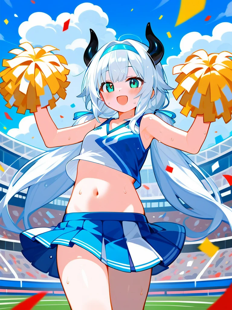 Super detailed,(Highest quality),((masterpiece)),(High resolution),original,very,Nirou,One girl,skirt,Pom-pom (cheer leading),alone,chest,belly button,Underarm,Cheerleader,Stomach,smile,Raise your arms,View your viewers,Holding Pom-poms,Outdoor,Crop top,:d,Open your mouth,pleated skirt,Stadium,white skirt,Day,Holding,abdomen,medium chest,null,chestの谷間,blush,blue null,Aqua Eye,Cowboy Shot,miniskirt,No sleeve,Very long hair,Bare arms,Confetti,Alternative costume,Bare shoulders,hair band,cloud,shirt,Day光,Thighs,white hair band,Low twin tails,horn,Are standing,Sweat,No sleeve shirt,