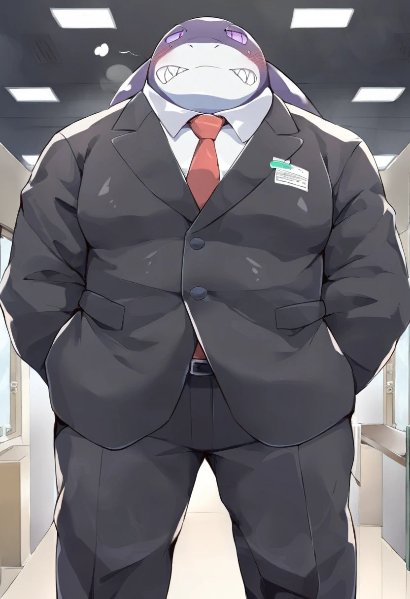 shark，personification，Mature male，Strong Man，Cold expression，Purple pupils，shark尾巴，Black suit suit，Hands in pockets，The Age of Steam，Hospital Office。