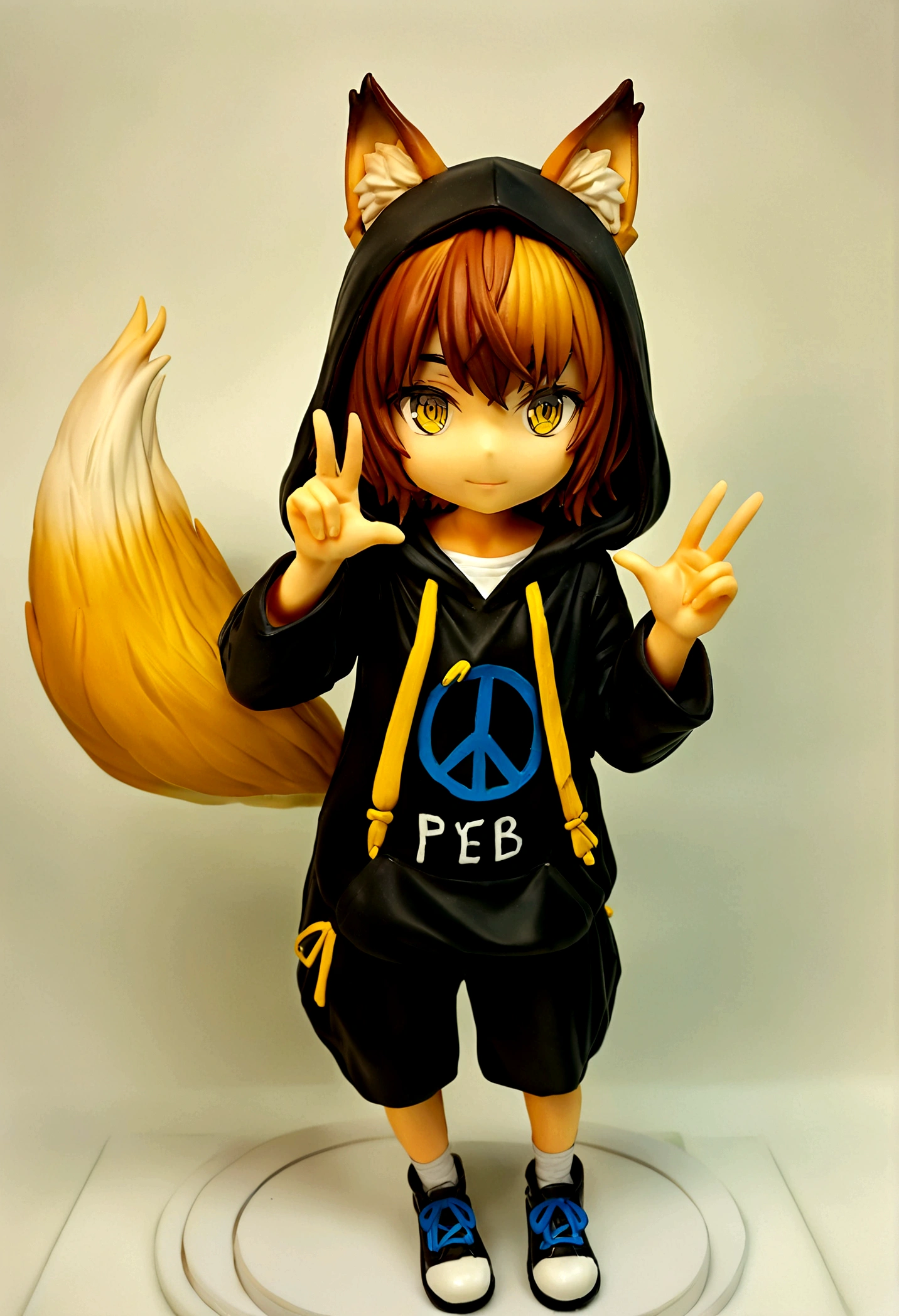 (vtubermodel:1.2) fullbody,(((1boy))),{{{a **********}}},hood, beautiful dark orange hair, Short hair, slightly fluffy, with naturally curly ends ,beautiful yellow eyes,fox ears,1fox tail,peace hand,light smile,whitle background,