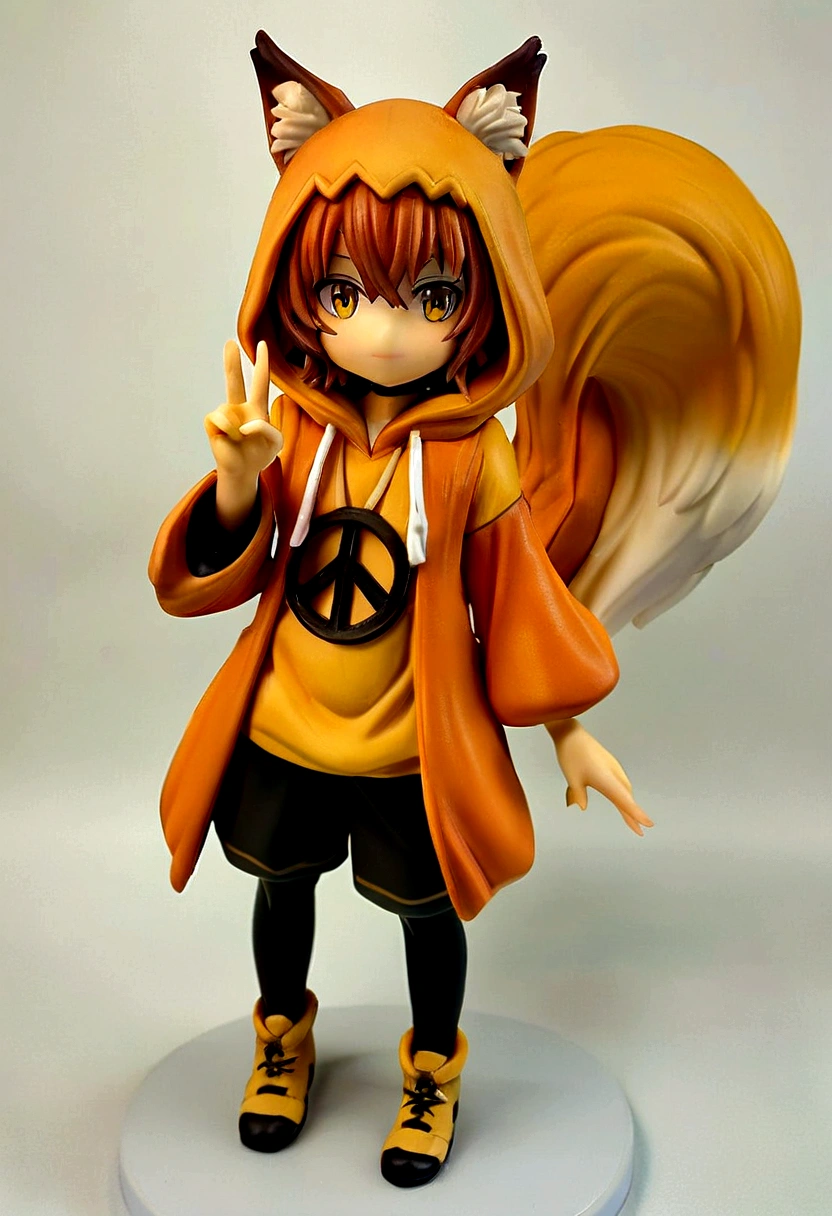 (vtubermodel:1.2) fullbody,(((1boy))),{{{a }}},hood, beautiful dark orange hair, Short hair, slightly fluffy, with naturally curly ends ,beautiful yellow eyes,fox ears,1fox tail,peace hand,light smile,whitle background,