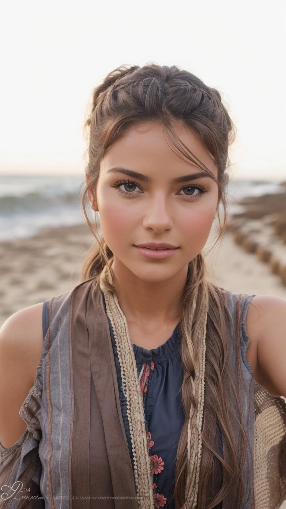 Bel apiculteur maya en tenue traditionnelle, take a leisurely stroll on the beach, complex and detailed, 30 ans, expression innocente, Long wavy hair, Brown eyes, high resolution, head of'artwork, best quality, very detailed, sharpness, textured skin, realistic skin texture, detailed eyes, professionnel, 4K, charming smile, captured on Canon, 50 millimeters, shallow depth of field, Kodak Vision Color, tenue traditionnelle superbement ajustée, extremely detailed, photorealistic, realistic, Post-traitement, maximum details, roughness, the real life, ultra-realistic, photorealism, la photographie, 8K UHD