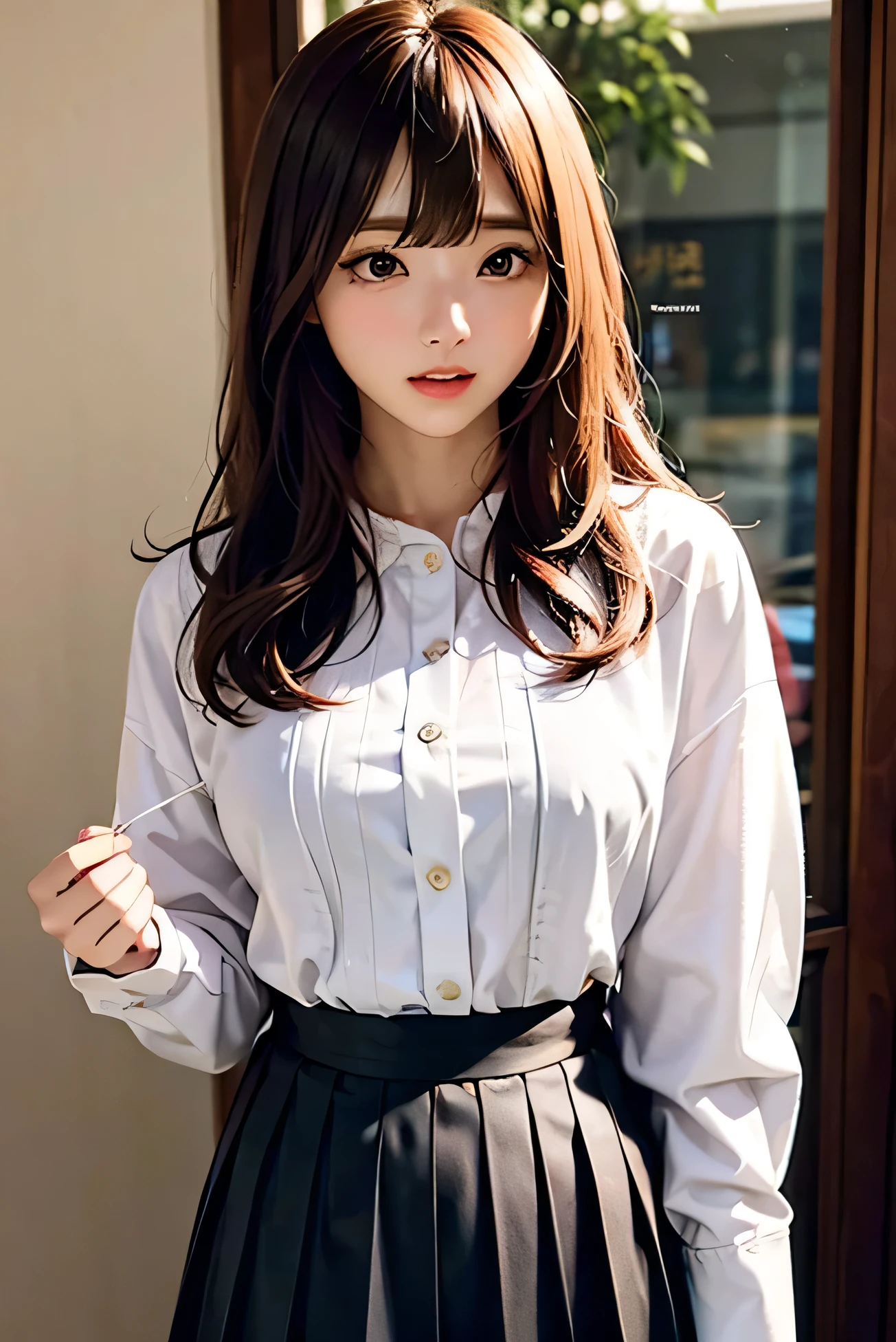 Medium Hair、blouse、Pleated skirt