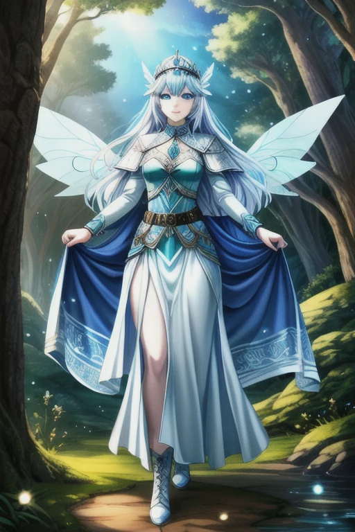 (best quality:1.3), (4K quality),masterpiece, best quality, high res, detailed, (Detailed face:1.2), (Detailed eyes:1.2), (Perfect figure:1.2), Fantasy style, Fantasy environment, solo, 1girl, fairy, wings, (pale blue skin:1.02), long white hair, blue eyes, confident smile, silver headpiece, long green dress, leather belt, brown leather gloves, brown leather boots, holding a sword, landscape of a beautiful forest
