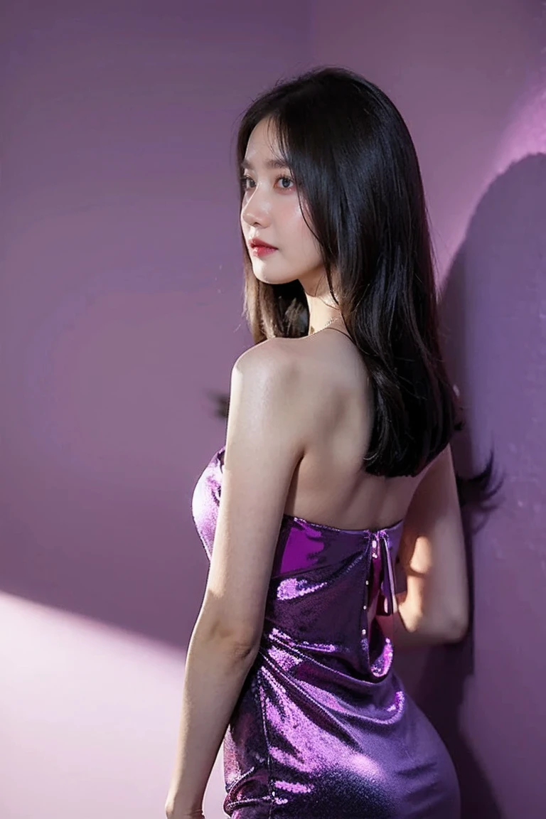 21 year old girl, purple background, beautiful dress 