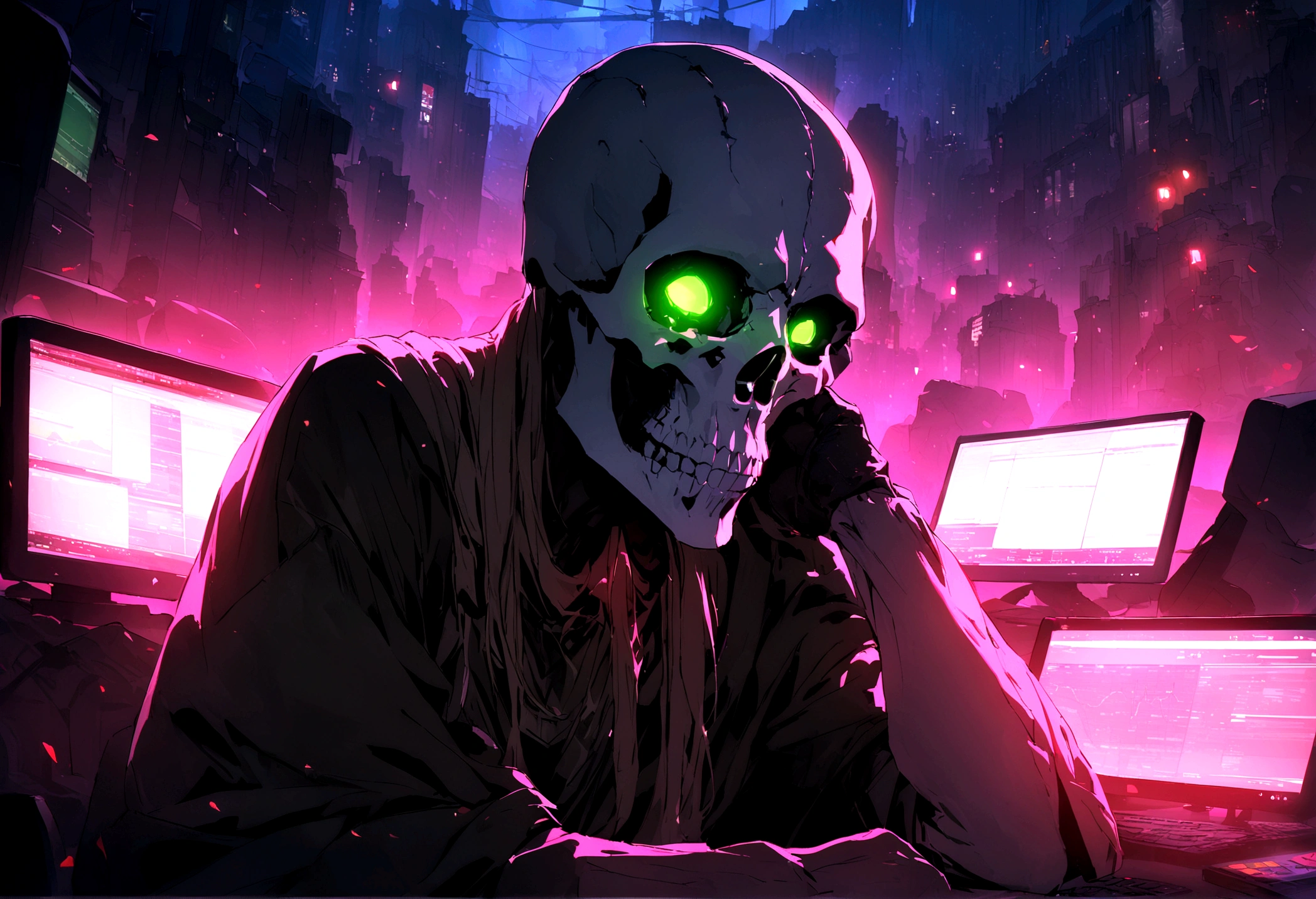 "An evil skull day trader sitting in front of several computers trading in the financial market on the mt5 platform, high quality image. Add the text to the image "Eder Santo Professional trader, the terror in the financial market"