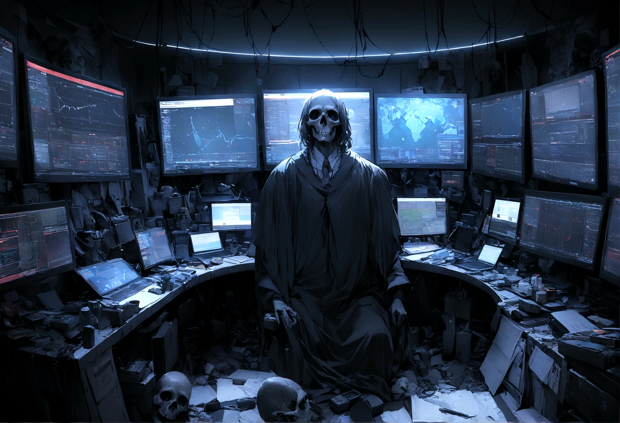 "An evil skull day trader sitting in front of several computers trading in the financial market on the mt5 platform, high quality image. Add the text to the image "Eder Santo Professional trader, the terror in the financial market"