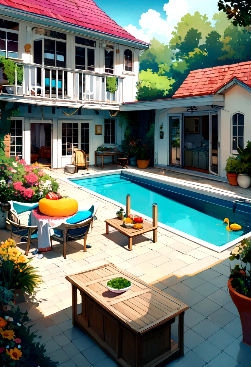 A garden with a 3x6 pool with two half bathrooms, a breakfast nook in a 10 x 20 meter covered space.