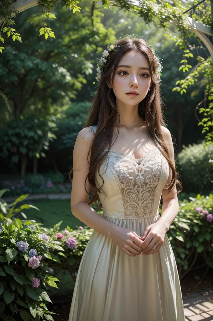 a beautiful girl in a secret garden, long flowing hair, elegant dress, serene expression, sunlight filtering through the trees, lush greenery, detailed flowers, intricate vines, ornate gazebo, dreamy, whimsical, vibrant colors, cinematic lighting, photorealistic, 8k, high detail