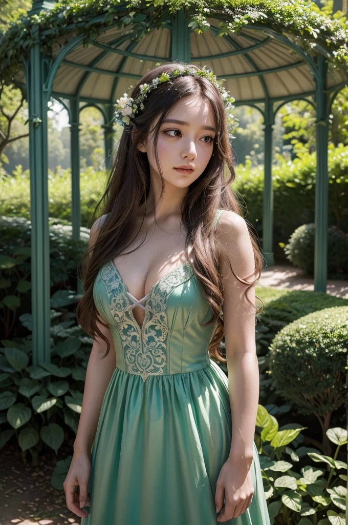 a beautiful girl in a secret garden, long flowing hair, elegant dress, serene expression, sunlight filtering through the trees, lush greenery, detailed flowers, intricate vines, ornate gazebo, dreamy, whimsical, vibrant colors, cinematic lighting, photorealistic, 8k, high detail