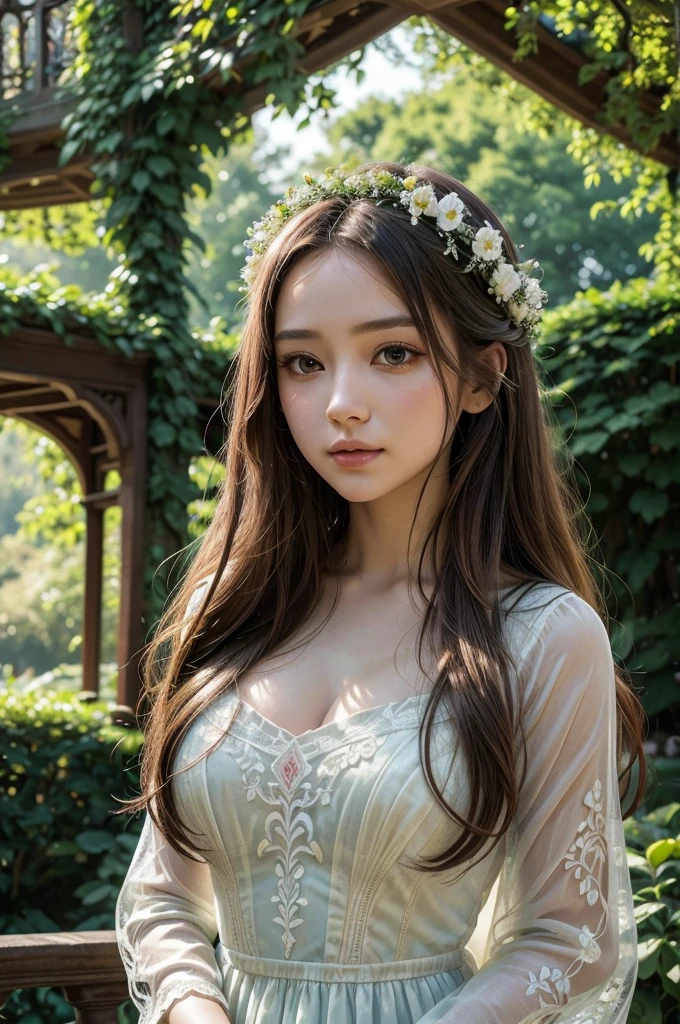 a beautiful girl in a secret garden, long flowing hair, elegant dress, serene expression, sunlight filtering through the trees, lush greenery, detailed flowers, intricate vines, ornate gazebo, dreamy, whimsical, vibrant colors, cinematic lighting, photorealistic, 8k, high detail