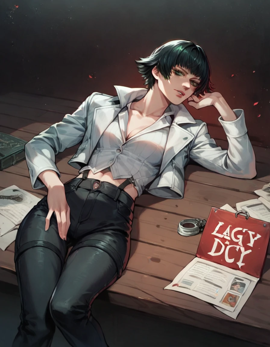 (best quality:1.2), lady (from devil may cry 5:1.1), perfect face, white jacket, black pants, green eyes, lying on the table, in a dark agency background, devil may cry red sign , night, alone, dark wall
