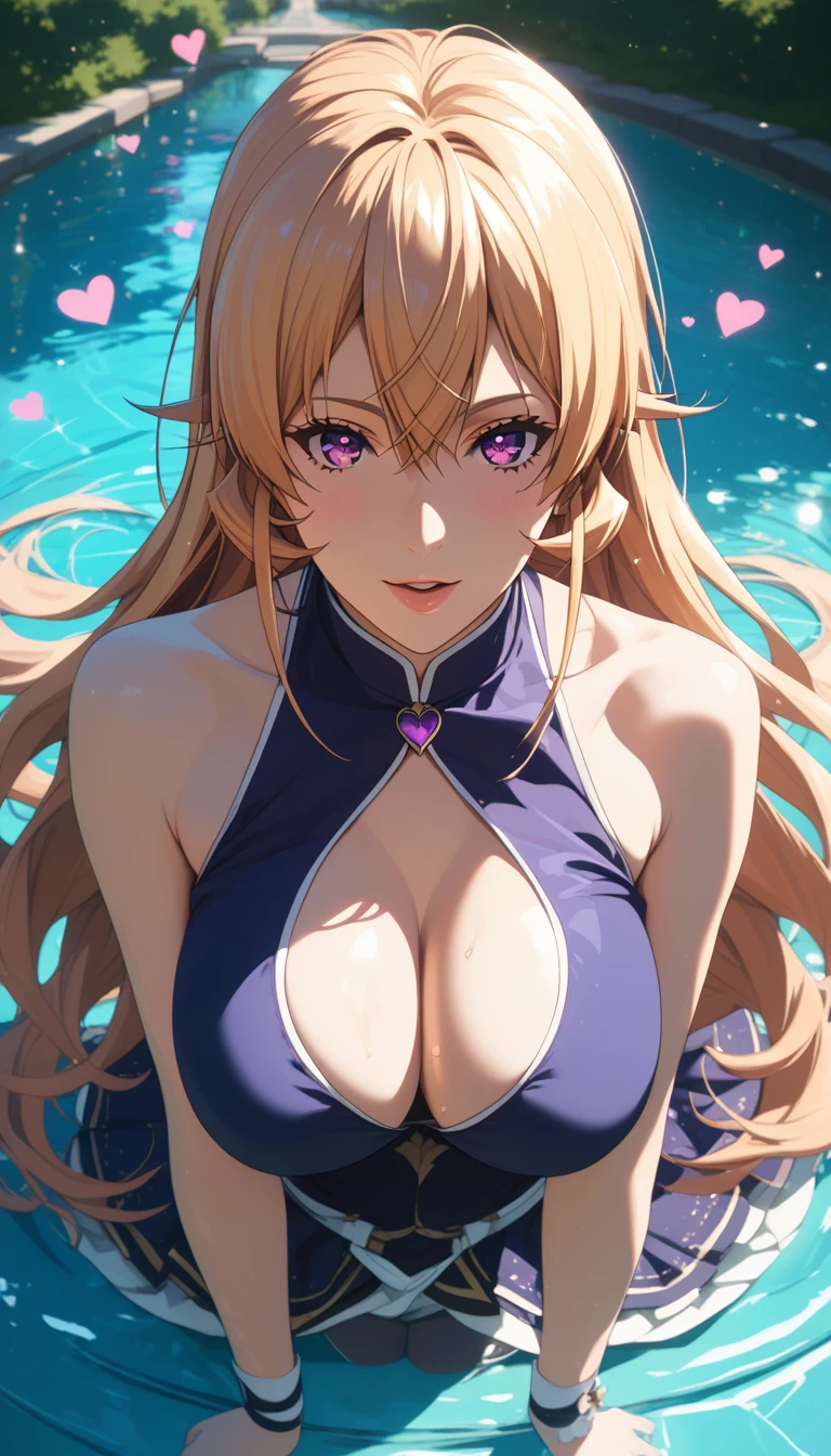 score_9, score_8_up, score_7_up, score_6_up, erina nakiri, long hair, blonde hair, purple eyes, BREAK (masterpiece:1.2), best quality, high resolution, (beautiful detailed eyes:1.3), perfect lighting, (perfect hands, perfect anatomy), hearts, pleasured, large breast, decora kei outfit, commercial ad, magic-realism, full body, reflection water