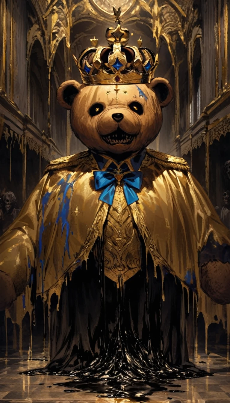 a caramel-colored teddy bear, wears a yellow and blue bow tie, he has a black crown that floats over his head, his eyes are big with stars inside, there is a black liquid dripping from his eyes, he is in a hall of royalty all gilded, he is the king, he is evil, he is hideous and frightening, scary, horror picture