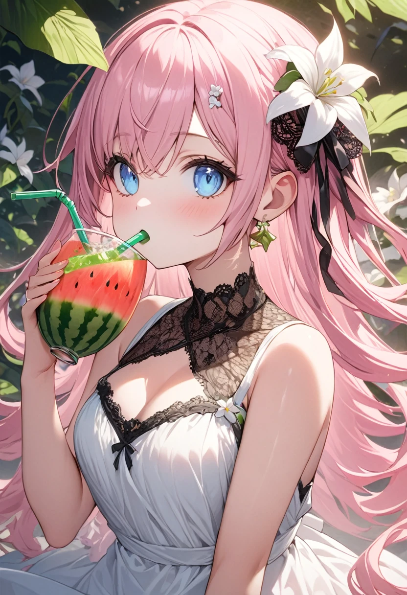 (masterpiece, Very detailed, Exquisite, beautiful, Full HD, High resolution, Absurd), Lilia, A girl with long pink hair, blue eyes, a white dress with black lace, a big pink ribbon on her chest, a white flower hair ornament around her right ear. Drinking melon soda