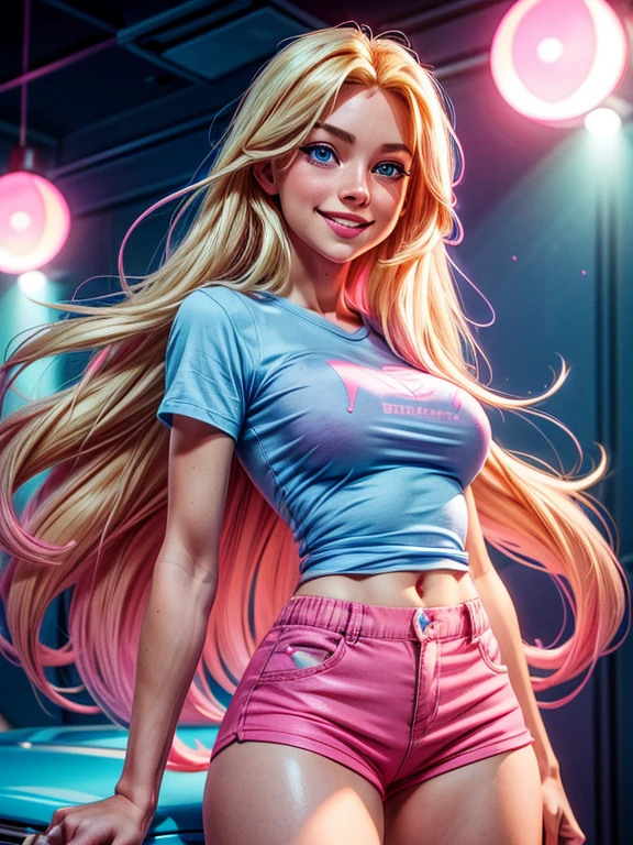 a woman with long blonde hair, blue eyes, (wearing pink and blue shorts and a blue and pink shirt), smiling, happy, cheerful, high definition, Ultra Quality hair, Ultra Quality face, Ultra Quality image, cinematic lights,,, , Sensual and sexy pose (medium and exposed breasts).