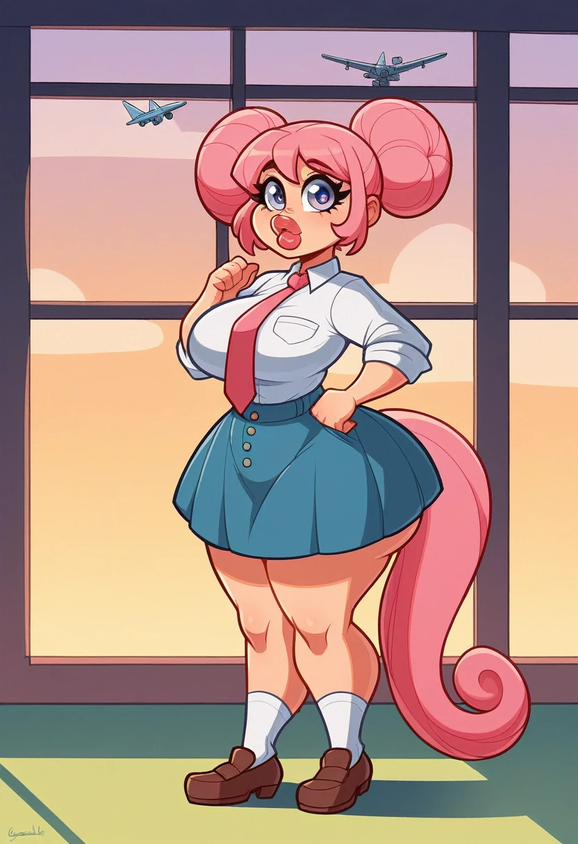 pink hair, pink hair, purples eyes, lilac eyes, huge lips, Horsetail, silly girl, big fit ass , bunda big fit ass, midget waist, seios big fit asss, hourglass figure, (narrow waisted), trust, superiority, bad gal, muslos thicks, trench coat, standing, window con vistas al campo (luz natural entrando por la window), butterfly necktie, aretes, replacement, pink theme, white shirt, diaphragm, overskirt, overskirt, overskirt color rosa, overskirt rosa, short overskirt, ssmile, half plane,in house, Girls' room, window, thick, Quadril big fit ass, very narrow waist, seios big fit asss, decolletage, brave face, Jumpy, relative face, pov from below, view from below looking up, culo thick, fat ass, mulher big fit ass, giant ass, fat ass, huge ass, from the front, latex suit, tight latex suit, very cramped, crossing your legs, cross legs, Latex legs