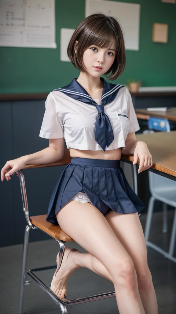 (((masterpiece, Highest quality, High resolution, 超High resolution, Pixel perfect, Written boundary depth, 4K, RTTX10.0))), (Beautiful  girl, Baby F Beautiful art style, ((Smooth texture, Realistic texture, Anime CG Style)), (Perfect hands, Perfect Anatomy.1.3), Cinematic, Realistic, Highly detailed CG, Daytime lighting, Perfect lighting, Best Shadow, The best natural light, Perfectly balanced style, Perfect body, (Slender body line), (Beautiful breasts), (Small beautiful butt:1.3), (Narrow waist:1.2), (Thin thighs), whole body, ((bangs, Dark brown hair, Bobcut)), ((A beautiful girl sitting on a chair with her panties in full view:1.3)), ((Beautiful eyelashes)), ((Detailed eyes and face:1.2, Professional photography techniques)), (Fashionable white shirt, Navy blue sailor collar, Sailor suit, Navy pleated mini skirt:1.3), (Sexy and cute light blue panties, Shiny satin side-tie light blue panties, Light blue panties with black lace edging, Ultra detailed panty folds:1.3), (Embarrassed expression:1.3), (blush:1.1), (School classroom, During class:1.3), (Detailed hands and legs:1.2), Gaze at the viewer, (blush:1.2)