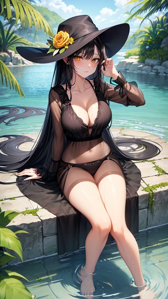 dominique_de_sade, (black hair, long hair:1.5), yellow eyes, breasts, hat, flower, water, 1girl, soaking_feet, cleavage, sitting, collarbone, wet, looking_at_viewer, wading, wet_clothes, blush, petals, ripples, shirt, see-through, bikini