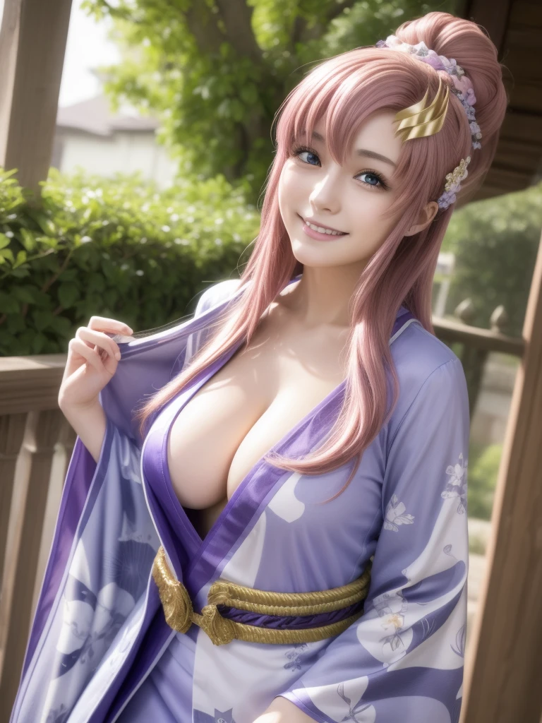 lacusclyne, lacus clyne, (purple eyes:1.1), hair ornament, long hair, wave hair ornament, (pink hair), smile, open mouth,
BREAK floral printed kimono,
BREAK 1girl, 20 years old, Generous Breasts:1.2, Plump shape, 
BREAK looking at viewer, (cowboy shot:1.5),
BREAK outdoors, space, star \(sky\), sun, 
BREAK (Highest quality、4K、8K, masterpiece:1.3), Ultra detailed face, Detailed lips, Detailed eyes, double eyelid, BREAK, (Encouraging smile:1.3), (Seductive pose:1.5), (dynamic pose:1.3), dynamic angle, BREAK, 