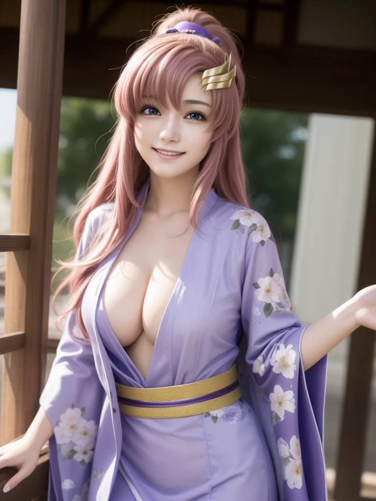 lacusclyne, lacus clyne, (purple eyes:1.1), hair ornament, long hair, wave hair ornament, (pink hair), smile, open mouth,
BREAK floral printed kimono,
BREAK 1girl, 20 years old, Generous Breasts:1.2, Plump shape, 
BREAK looking at viewer, (cowboy shot:1.5),
BREAK outdoors, space, star \(sky\), sun, 
BREAK (Highest quality、4K、8K, masterpiece:1.3), Ultra detailed face, Detailed lips, Detailed eyes, double eyelid, BREAK, (Encouraging smile:1.3), (Seductive pose:1.5), (dynamic pose:1.3), dynamic angle, BREAK, 