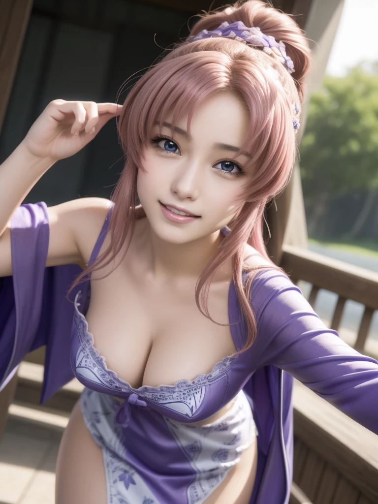 lacusclyne, lacus clyne, (purple eyes:1.1), hair ornament, long hair, wave hair ornament, (pink hair), smile, open mouth,
BREAK floral printed kimono,
BREAK 1girl, 20 years old, Generous Breasts:1.2, Plump shape, 
BREAK looking at viewer, (cowboy shot:1.5),
BREAK outdoors, space, star \(sky\), sun, 
BREAK (Highest quality、4K、8K, masterpiece:1.3), Ultra detailed face, Detailed lips, Detailed eyes, double eyelid, BREAK, (Encouraging smile:1.3), (Seductive pose:1.5), (dynamic pose:1.3), dynamic angle, BREAK, 