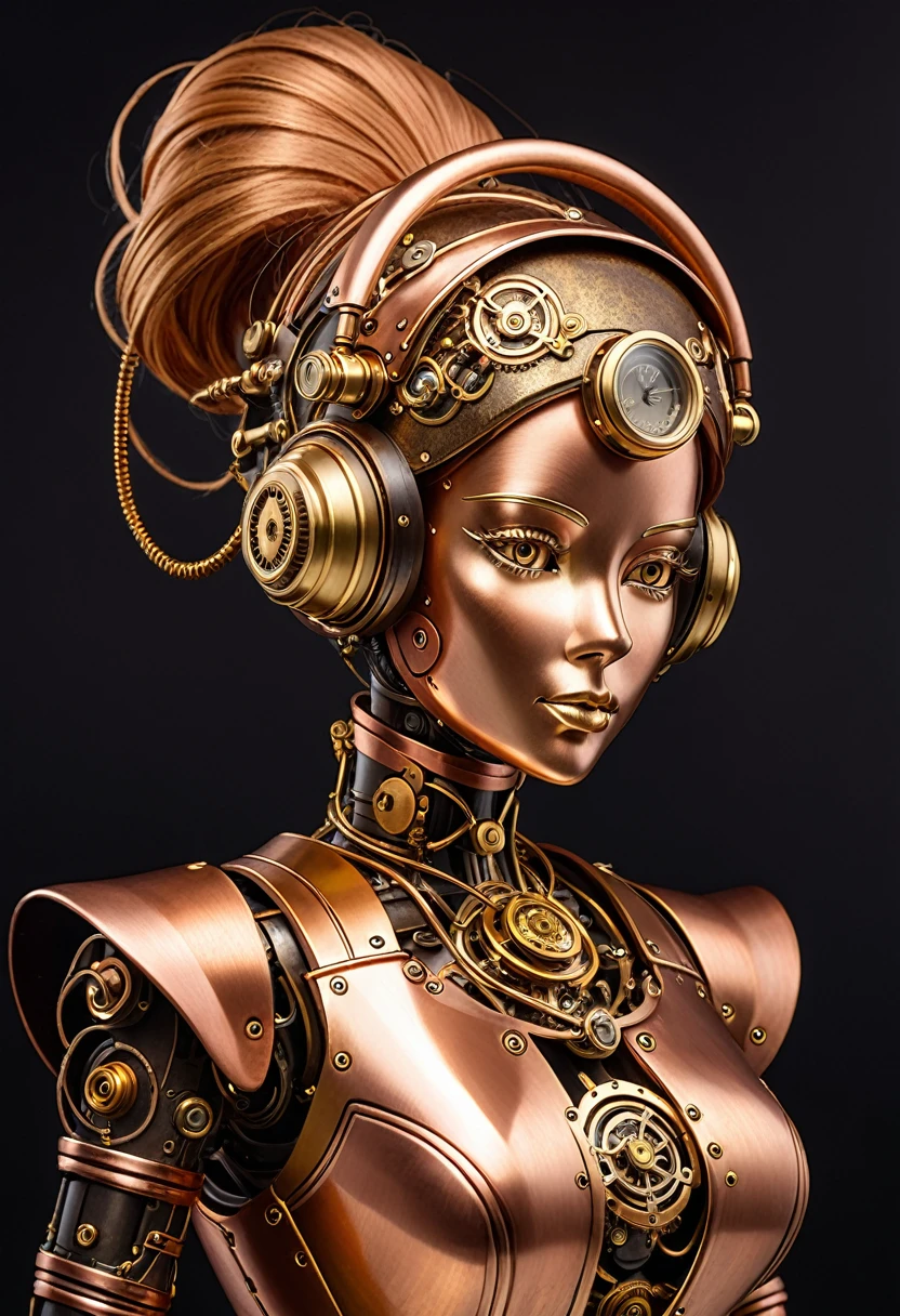 A steam punk style copper robot with a human like bronze face. female figure. Wearing wig of spun gold.
